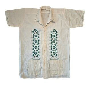 Vintage Handmade Guayabera Folklore‎ Floral Bordado Manta Top Patch Pockets Boho